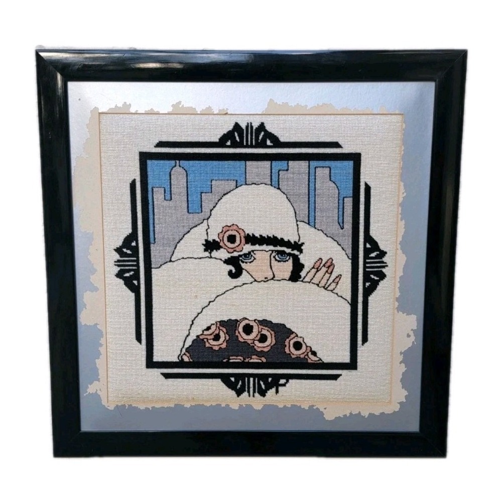 Sasi Creations Handpainted Needlepoint Canvas Framed Completed Art Deco Flapper